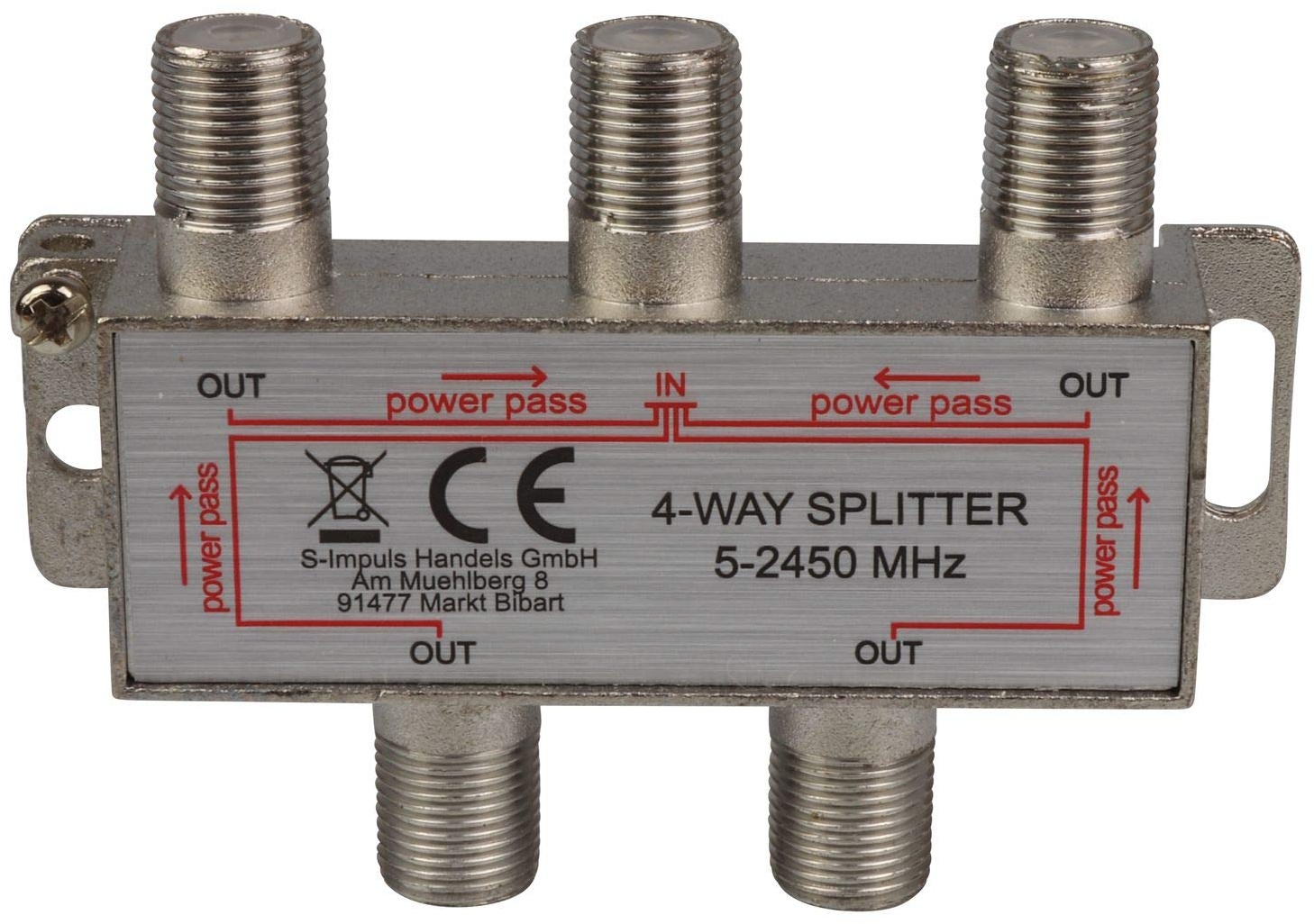 4-Fach SAT & BK-Verteiler Splitter F-Serie - 5-2400 MHz 85 dB - voll geschirmt - BK - UKW Radio - DC-Durchlass - Fernseh-Verteiler - Stamm-Verteiler