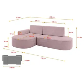 altdecor Eckcouch Cord mit Schlaffunktion 2-Sitzer Rosa