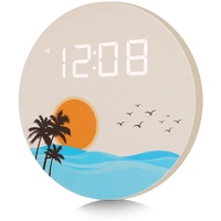 DMDMBSR Digitale Wanduhr, USB-betrieben, Sonnenuntergang, Ozeanwelle, 12/24 Stunden Wandmontage, Digitale Uhr, LED-Holz, geräuschlose Wanduhr für Küche, Wohnzimmer, Büro (25.4 cm, gebrochenes Weiß)
