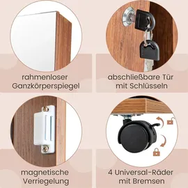 Costway Schmuckschrank mit Rollen, Spiegelschrank abschließbar mit LED-Leuchten & verstellbaren Ablagen, Standspiegel Schmuckregal Ganzkörperspie... - Braun