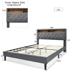 Merax LED Doppelbett 140x200 Polsterbett aus Leinen mit Stauraum-Kopfteil & Lattenrost aus Holz Grau
