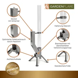 gardenflare Feuerrohr Premium – Große Edelstahl Pelletfackel – Eleganter Terrassenheizer - Terrasse und Garten (Silber)