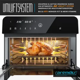 Arendo Heißluftfritteuse 1800 Watt, Minibackofen, Airfryer, 25L, Edelstahl, Pizzaofen, 4 Ebenen, Mini Backofen mit Umluft, Timer, 12 Programme
