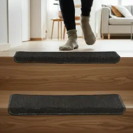 Relaxdays Stufenmatten 15er Set, Rechteckige Treppenstufenmatten, 65 x 24 cm, Selbstklebende Treppenteppiche, dunkelgrau