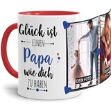 Tassendruck Fototasse mit Spruch für Papa - Glück ist, jemanden wie Dich zu haben - zum Selbst gestalten mit 2 Fotos, Innen & Henkel Rot, 300 ml