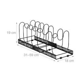 Relaxdays Pfannenhalter ausziehbar, Pfannenorganizer, Topfdeckelhalter Schublade, HxBxT: 19x59x18cm, Metall, schwarz