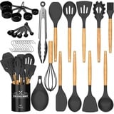 Umite Chef Küchenutensilien-Set, antihaftbeschichtet, Silikon, Küchenutensilien, Spachtel-Set mit Halter, Holzgriff, hitzebeständiges Silikon, 24-teilig