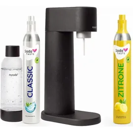 MySoda Wassersprudler Set schwarz + 1L Quick-Lock Flasche + CO2-Zylinder