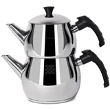 Serenk Modernist Türkische Teekanne Set aus Edelstahl, Caydanlik, Teekanne 1 L, Teekannendeckel 1,5 L, Schwarzer Griff, Made in Türkiye