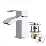 FORIOUS Wasserhahn Bad mit Ablaufgarnitur, Wasserfall Waschtischarmatur mit Auslauf Höhe 60 mm, Mischbatterie Armatur Badezimmer, Gitterauslauf, Energiesparend & Wassersparend, Chrom