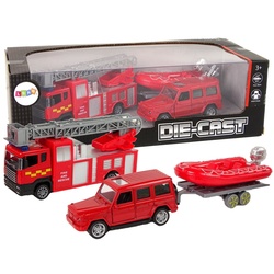 LEAN Toys Spielzeug-Auto Fahrzeugset Feuerwehr Motorboot Drehleiter Anhänger Spielzeug Set rot
