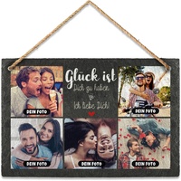 PR Print Royal Schieferplatte selbst gestalten - mit 5 Fotos Bedrucken - Glück ist - Geschenk Valentinstag, Jahrestag, Hochzeit, Geburtstag | Schiefertafel mit Kordel, 20 x 30 cm