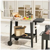 Outsunny Küchenwagen mit Rollen, Servierwagen, mit Haken, Papierrollenhalter, Müllsackständer, Küchenhilfe, BBQ Grilltisch aus Edelstahl Küchentrolley, 115 x 67,5 x 80,5 cm Schwarz