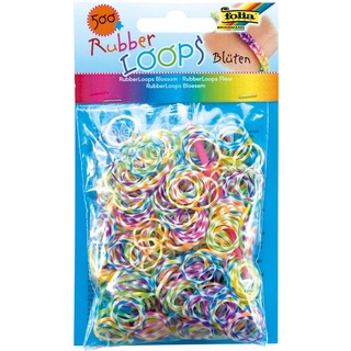 folia 339549 - Rubber Loops Blüten bunt sortiert, 500 Gummibänder, inklusive 25 stück - Clips und 1 Häkelnadel