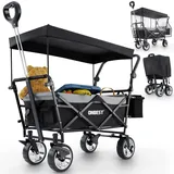 ONBEST Bollerwagen faltbar - Plus Regenschutz - Faltbollerwagen mit Dach 100 kg Zuladung – Sonnenschutz Dach – Kühltasche – Becherhalter – Outdoor – klappbarer Strandbollerwagen (Schwarz)