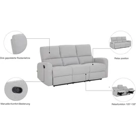 Home Affaire 3-Sitzer »TOURNAY manuelle Relaxfunktion, Liegefunktion (105°-135°), Webstoff«, Reclinerfunktion in 2 Sitzen (links u. rechts), grau