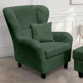 luma-home schönes für dein zuhause Ohrensessel Cordstoff 90 x 98 x 76 cm Grün mit Hocker und Zierkissen