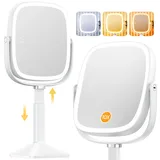 Gospire Rechteck beleuchtet Make-up-Spiegel mit Lichtern 3 Farbe, höhenverstellbar Vanity Spiegel für Schreibtisch, 1X/10X Vergrößerungsspiegel - Weiß