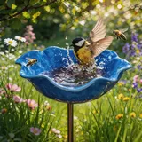 Wisfancy 1 Stück Vogeltränke Blume Metall, Bienentränke Insektentränke Schmetterlingstränke, Gartenstecker Aus Metall Gartendeko Für Draußen (Blau)