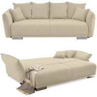 Big Sofa 242x131 cm mit Schlaffunktion, Stauraum, Armlehnenverstellung, Lounge Couch mit Federkern und Wellenunterfederung, Liegefläche 168x199 cm, Bezug Cord in Beige Grau / 17215