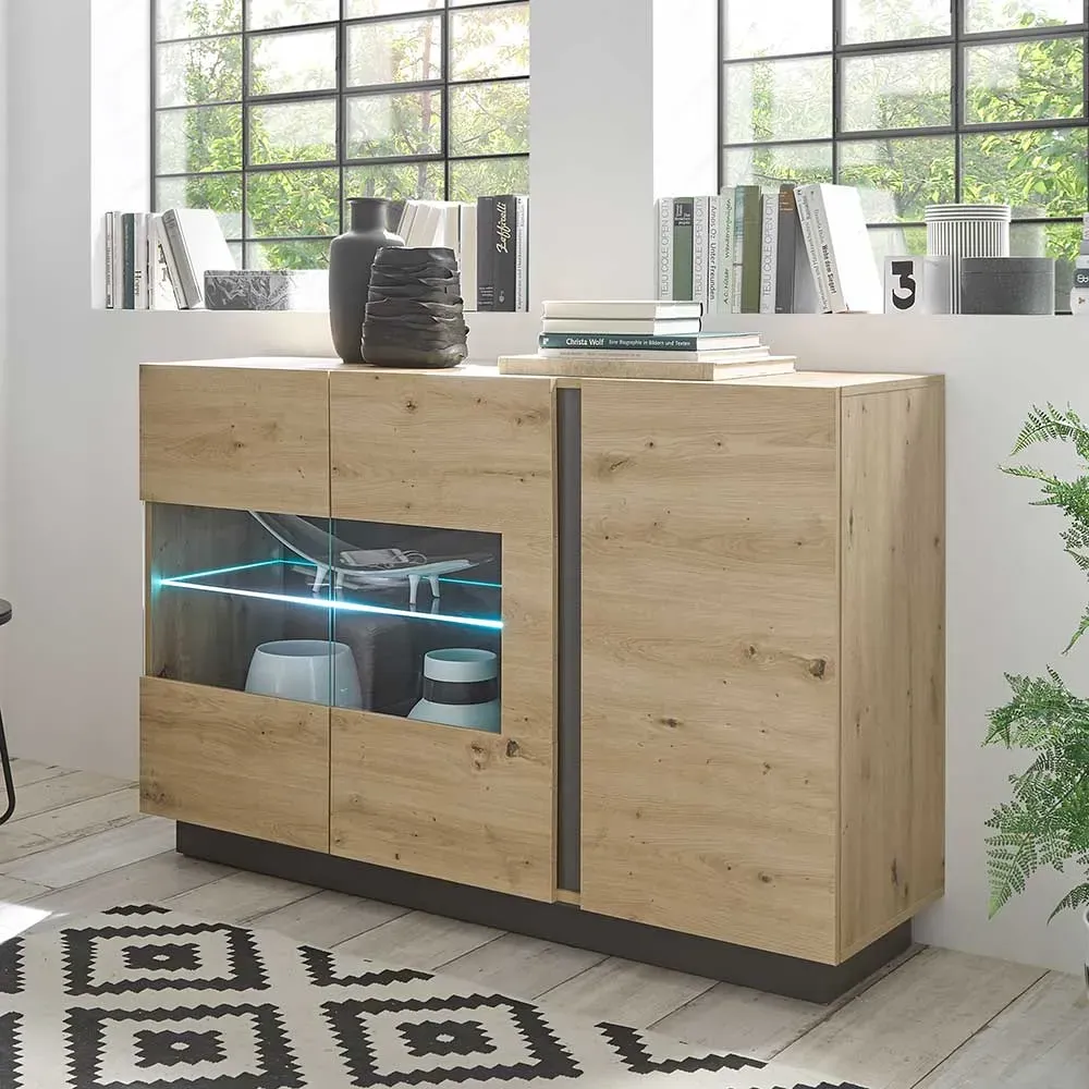 Esszimmer Sideboard in Wildeiche Optik und Dunkelgrau 3 türig mit Dämpfung