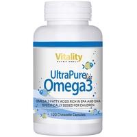 Omega 3 Kinder Ultrapure 435mg, Omega 3 Fischöl 0,34g DHA + 0,09g EPA + Vitamin D + Vitamin E, 120 Kaukapseln, Tutti-Frutti Geschmack. Vitality Nutritionals by VitaminExpress