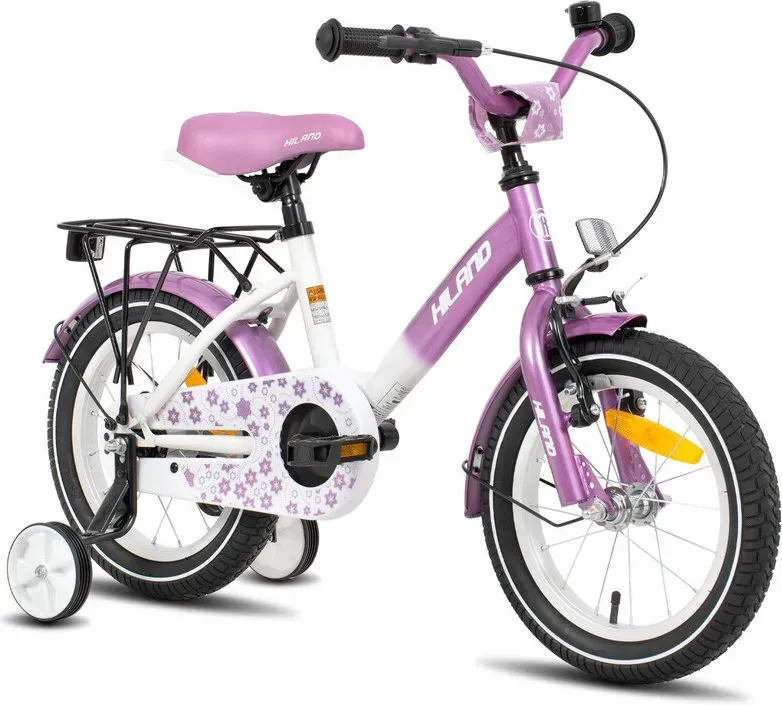 HILAND Starry Kinderfahrrad für Jungen und Mädchen, 16 Zoll, lila, mit Gepäckträger, Fahrradklingel und Laufrad, für Kinder von 4–7 Jahren