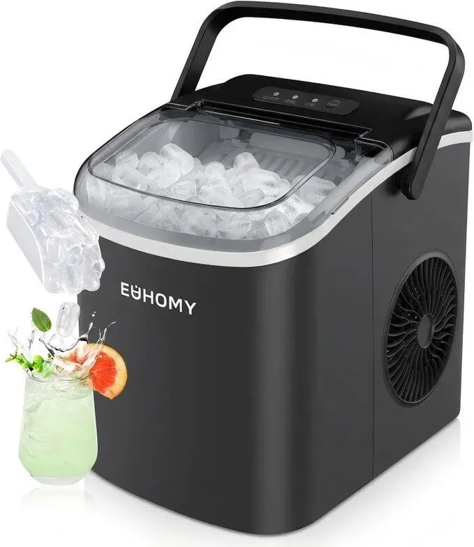 EUHOMY Stand-Eismaschine mit Tragegriff, 9 Eiswürfel in 6 Minuten, 11,8 kg pro Tag, energiesparend, selbstreinigend, tragbare Eismaschine mit Korb und Eisschaufel, ideal für Zuhause, Küche, Camping und Wohnwagen