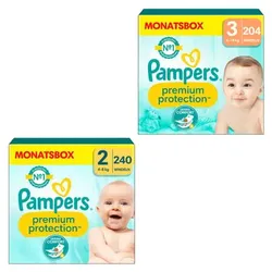 Pampers Windelset Premium Protection, New Baby Gr. 2 Mini, 4-8kg, Monatsbox (1x 240 Windeln) und Gr. 3 Midi, 6-10kg, Monatsbox (1x 204 Windeln)