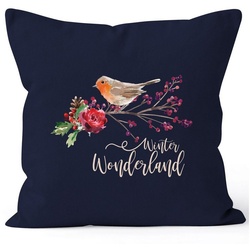 Autiga Dekokissen Kissenbezug Weihnachten Winterwonderland Vogel Rotkehlchen Blumen Misteln Christmas Bird Autiga® blau