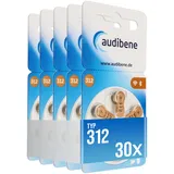audibene Hörgerätebatterien Typ 312 braun, Batterien für Hörgeräte 30 Stück Vorratspack, Made in Germany, inkl. GRATIS Reinigungstuch, Wireless Approved, quecksilberfrei