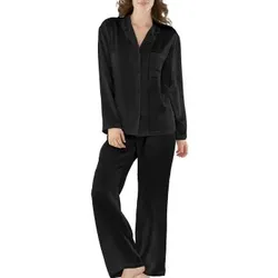 Damella Woven Silk Plain Pyjamas Set Schwarz Seide Small Damen