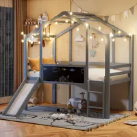 Kinder-hochbett Hausstil Aus Massivholz Grau 90x200 Cm Mit Leiter, Rutsche, Tafel Und Lattenrost