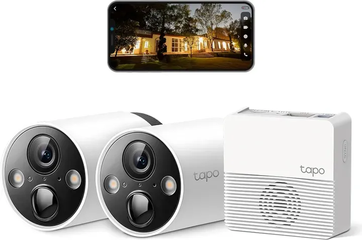 TP-Link Tapo C420S2 kabelloses Outdoor-Sicherheitskamerasystem, 2er-Kit, 2K QHD, batteriebetrieben, Farb-Nachtsicht, KI-Erkennung, Hub enthalten, IP65