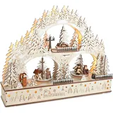 Brubaker 3D Lichterbogen - LED Schwibbogen - Winterlandschaft 2024 - Weihnachtsbeleuchtung aus Holz Natur - 37 x 46 x 10 cm - Handbemalte Figuren