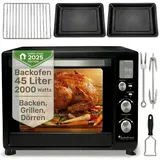 TurboTronic digitaler Minibackofen 45l schwarz 2000W, Drehspieß, 2 Backbleche, Timer, Dörrer, Dörrgerät, Dörrautomat, Pizzaofen
