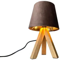 MeineWunschleuchte Tischlampe mit Dreibein aus Holz, Samtschirm Braun Gold,