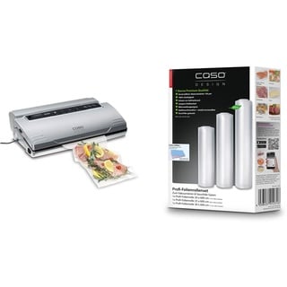 CASO VC200 Vakuumierer - Vakuumiergerät & Profi- Folienrollen Set 4/1 St. 20x600 cm, 1 St. 25x600 cm, 1 St. 30x600 cm 150μm, BPA-frei, sehr stark, reißfest, kochfest, 1231