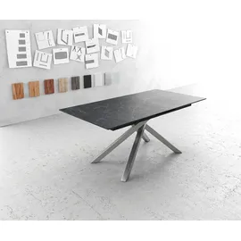 DeLife Esstisch Edge 180-220x90cm Keramik Laminam®Nero Greco Anthrazit Kreuzgestell Rechteck Edelstahl ausziehbar - Grau