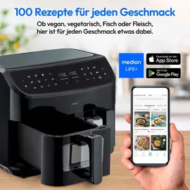 Medion P20 XXL Heißluftfritteuse mit 2 Kammern (8,7 Liter, Airfryer, 2.600 Watt, Doppelkammer, 9 Automatikprogramme, 2 Schubladen, Sichtfenster, Dualer Airfryer, Dual Cook & Sync-Finish Funktion)