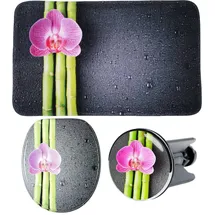 Sanilo Badaccessoire-Set SANILO "Asia", bunt (grau, rosa, grün), MDF, Badaccessoires-Sets, bestehend aus WC-Sitz, Badteppich und Waschbeckenstöpsel