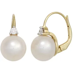 Perlenohrringe JOBO, gelb (gelbgold 585), Ohrringe, Damen, SI = kleine Einschlüsse, Gelbgold 585-Diamanten-Perlen, Gelbgold 585, Diamanten, Perlen, 585 Gold mit 2 Diamanten und Süßwasser-Zuchtperlen