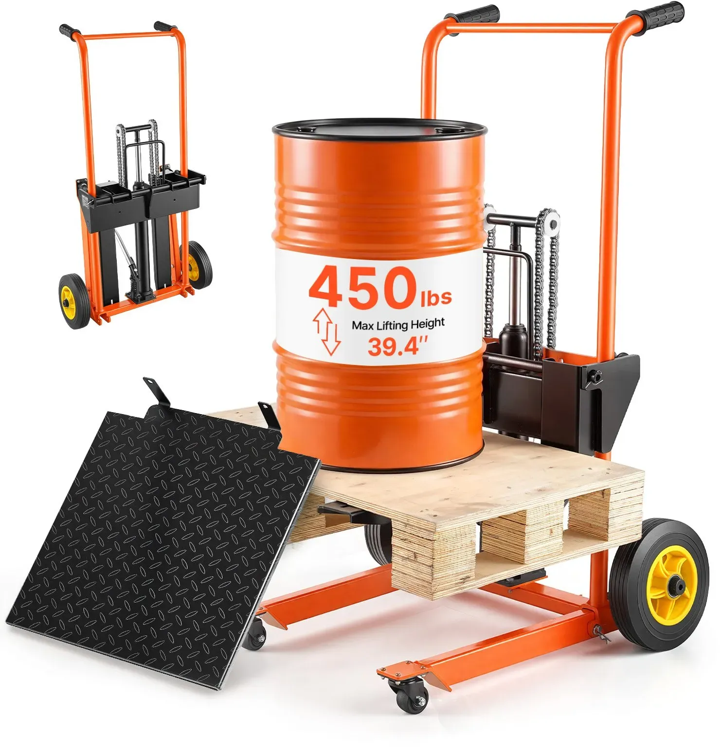 VEVOR Hochhubwagen Manuell 205 kg, Plattformhochhubwagen mit Gabelstaplertisch, Max. Hubhöhe 100 cm, Material Hebewinde Stapler, Plattformstapler, Handstapler, Palettenwagen, Orange & Schwarz