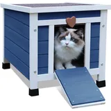 HiCaptain Katzenhaus Outdoor Katzenhaus für Draussen - Katzenhaus aus Holz Outdoor - Perfekt für Welpen, Kaninchen Haus - Einfach Aufzustellen - 52cm x 42cm x 43cm,Blau