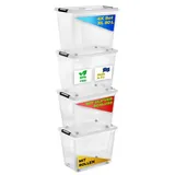 Gardissimo 4 er Set mit Deckel und Rollen Clip 80 Liter, Kunststoff Boxen Stapelboxen Plastik, MADE IN Europe, Clip-Verschluss, BPA-frei transparent/durchsichtig