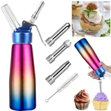 500ml Sahnespender Edelstahl Schlagsahnebereiter, Profi Sahnesyphon Whipped Cream mit Aluminium Körper + 3 Edelstahl Düsen und 1 Reinigungbürste, Sahnesyphon Edelstahl für Desserts und Gebäck