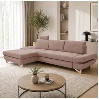 Goldstoff Ecksofa "LUCIA" mit Schlaffunktion und Bettkasten; Modernes Schlafsofa, 1 Teile, L Sofa Couch mit Relaxfunktion, verstellbaren Kopfstützen rosa