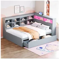 Celya Schlafsofa Massivholzsofa, Schlafsofa mit extra großen Schubladen, multifunktionales Doppel-Holzbett, ohne Matratze, mit USB-Steckdose und LED-Lichtleiste grau