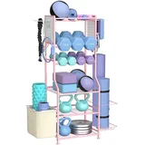 Hantelständer, Metall Kurzhantelständer für Hanteln Kettlebell & Yoga Matte, Gewichtsständer Workout-Fitness-Ausrüstung Aufbewahrung für Home Gym, Hantelscheibenständer Hantel Regal mit 11 Haken, Pink