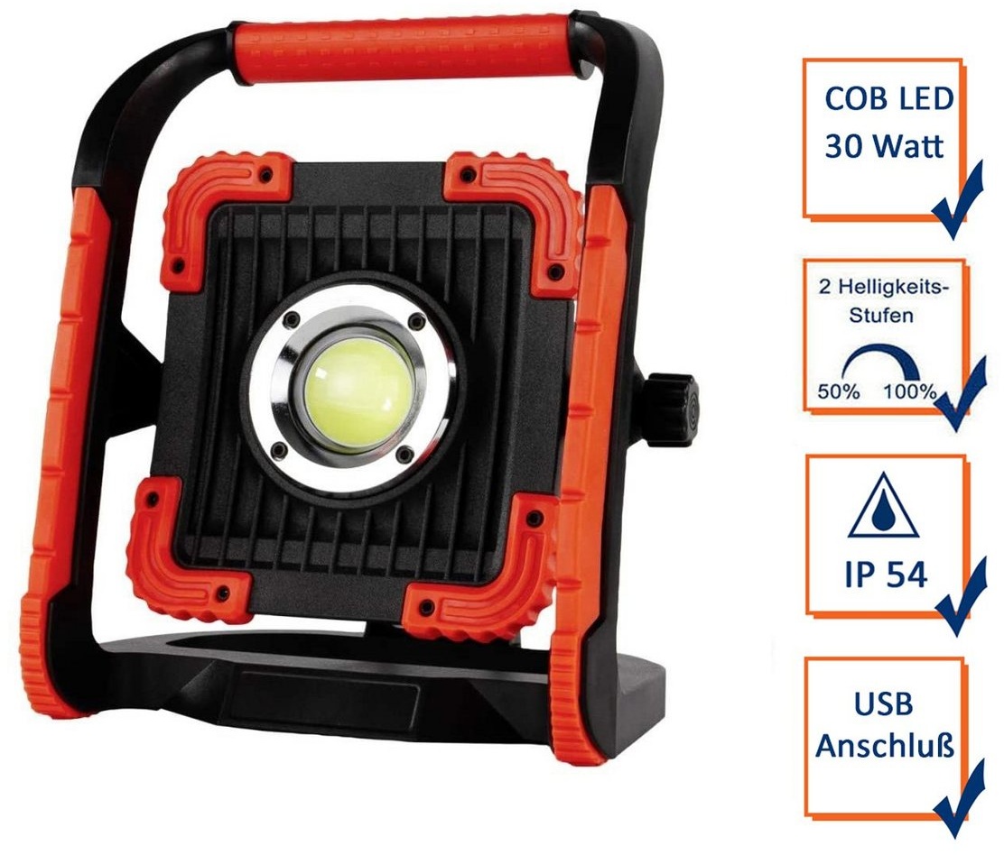 REV Baustrahler, LED fest integriert, Tageslichtweiß, USB Werkstattlampe mit AKKU, Arbeitslampe Handlampe Baulampe IP 54 rot|schwarz